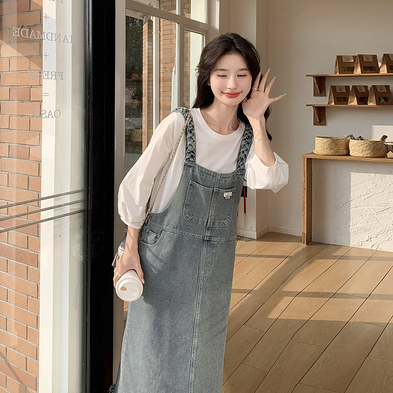 ootd穿搭独特漂亮牛仔背带连衣裙女2025超火绝美休闲工装长裙套装,女装套装/套裙,2C057
