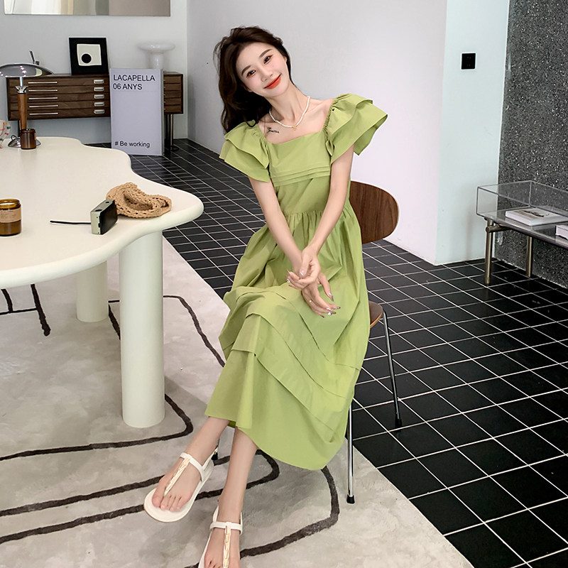绿色小飞袖连衣裙女2025夏季新款法式温柔风气质绝美方领茶歇长裙,女装连衣裙,2C037