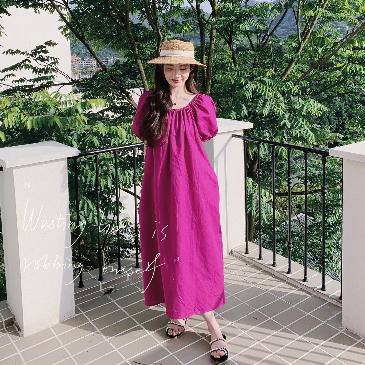 法式纯色浪漫泡泡袖连衣裙女夏2025新款休闲宽松甜美露背方领长裙,女装连衣裙,2C137