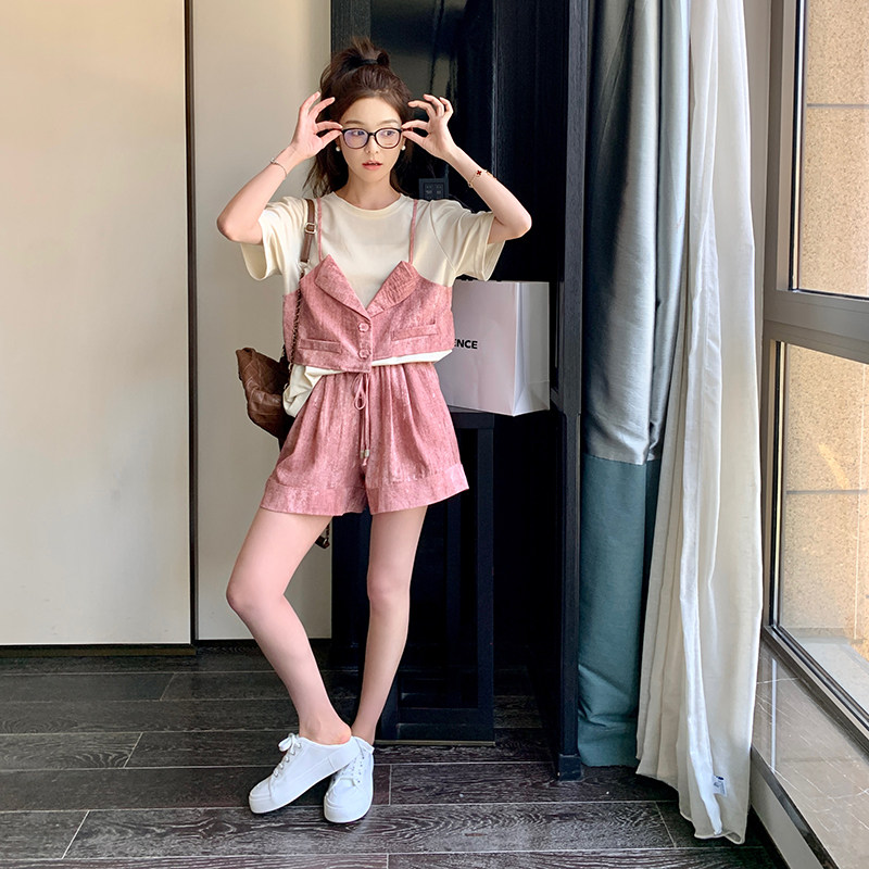 时尚休闲套装女2024新款夏装搭配一整套拼接短袖上衣短裤两件套潮,女装套装/套裙,2D043