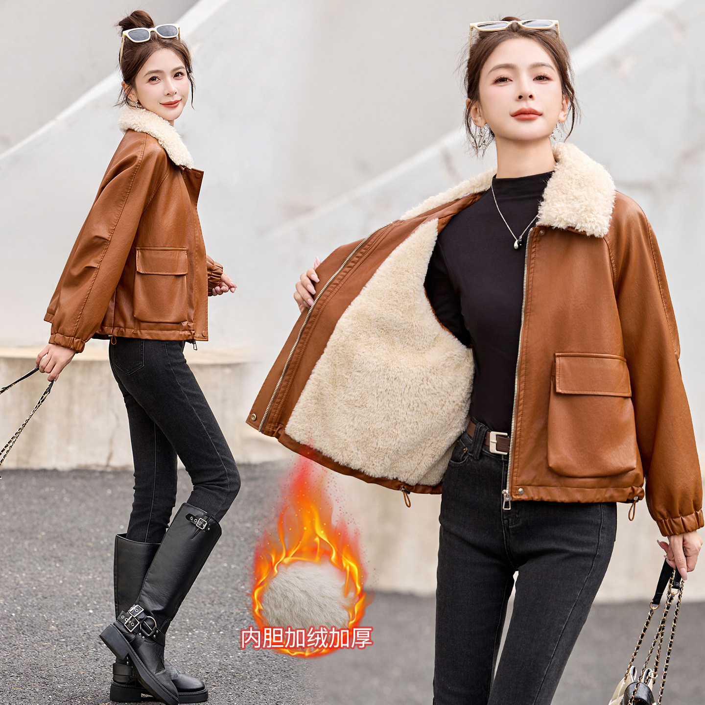 加绒加厚皮衣外套女短款时尚流行气质减龄带毛领保暖皮夹克,女装皮衣,吾爱衣