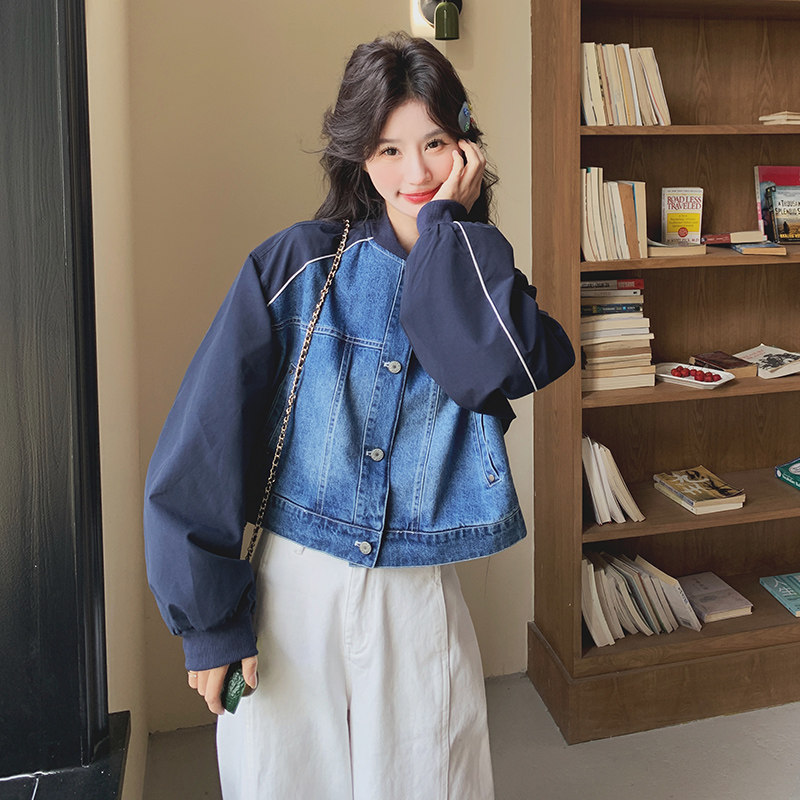 拼接牛仔棒球服短外套女春秋2025新款小个子休闲夹克火减龄高级感,女装短外套,2C077