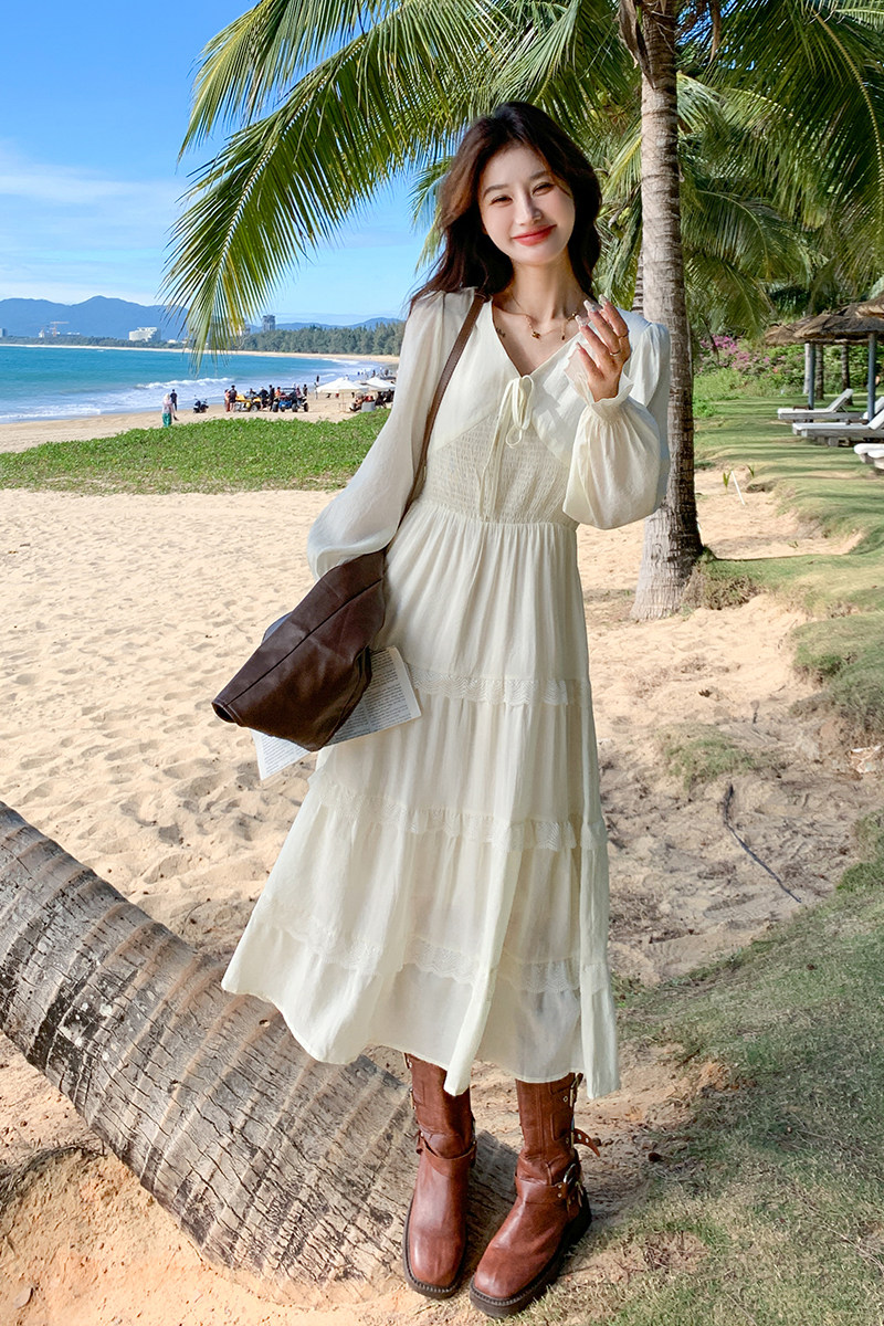 旅游度假穿搭皮马甲配白色连衣裙女春秋2025超火独特绝美长裙套装,女装连衣裙,2C159