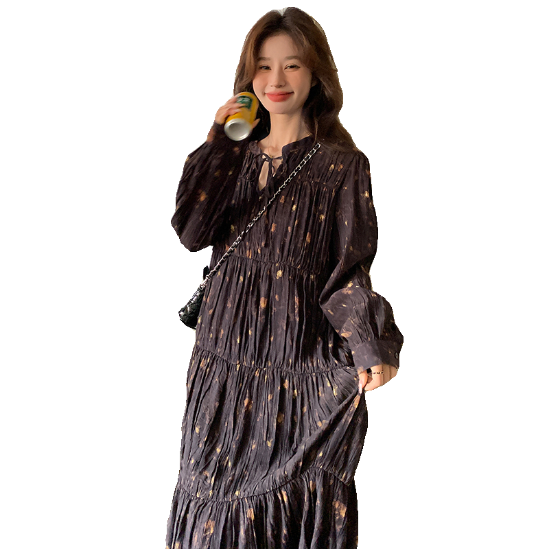 法式复古气质长袖连衣裙女2025春秋季新款宽松显瘦茶歇碎花长裙子,女装连衣裙,2C103