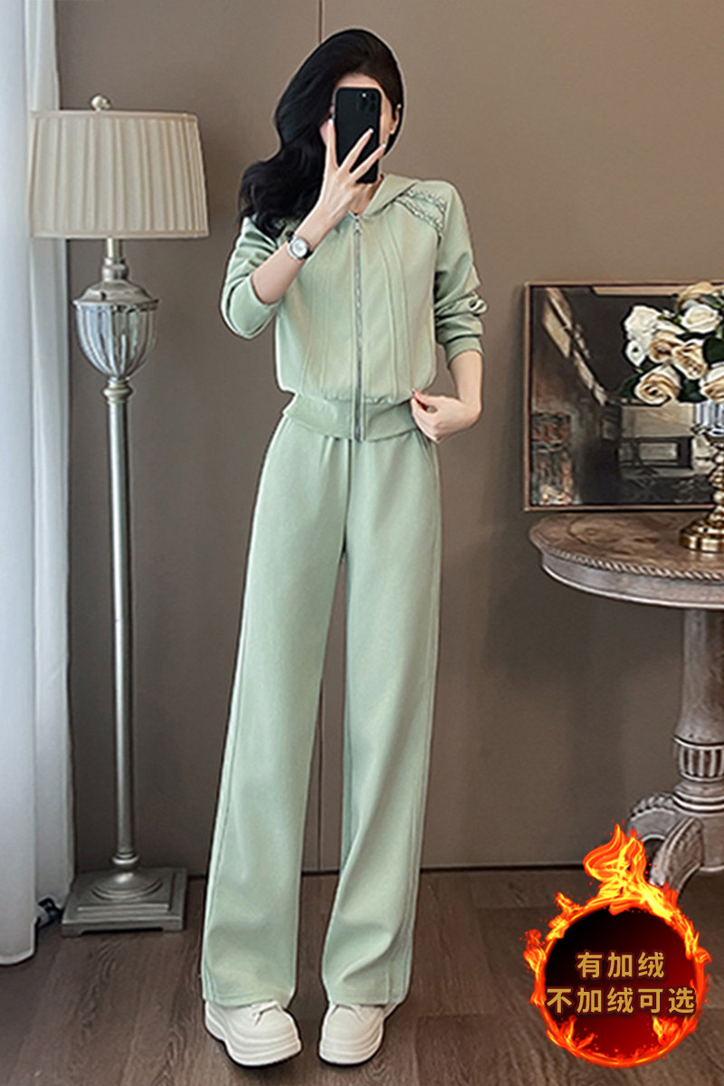 女秋拉链连帽开衫卫衣阔腿裤两件套潮,女装套装/套裙,2C310
