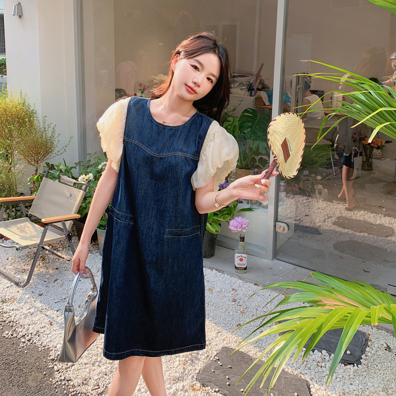 设计感气质泡泡袖拼接假两件牛仔连衣裙女夏季新款小个子显瘦裙子,女装连衣裙,2C092