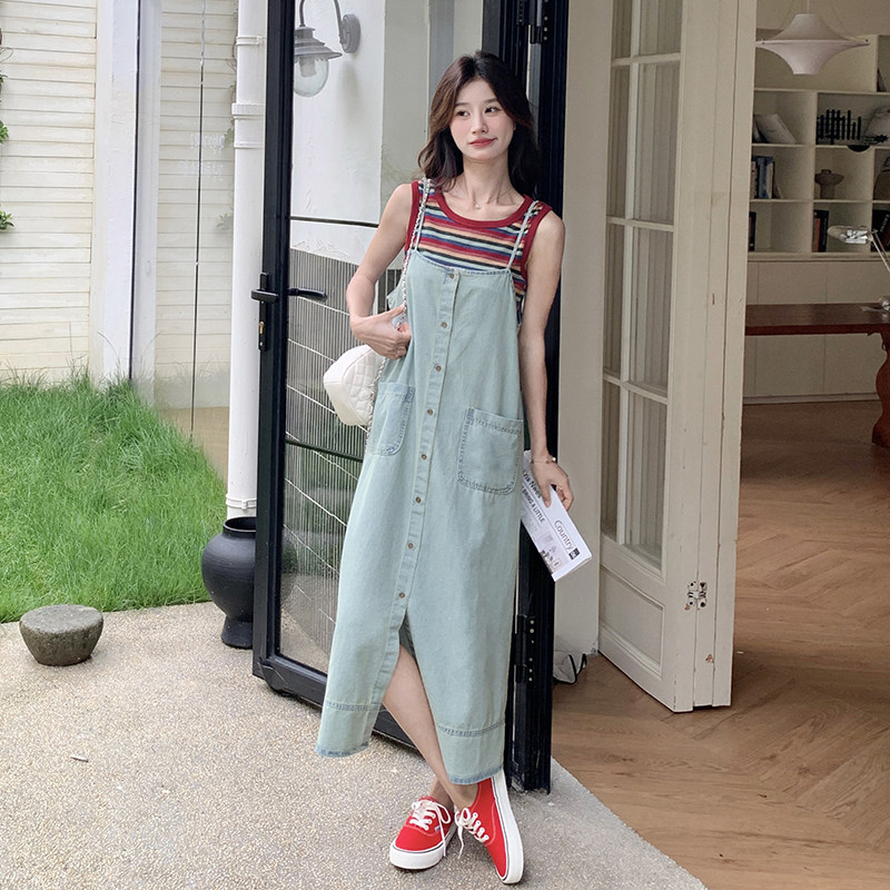 彩色条纹背心T恤牛仔背带裙女夏季宽松休闲无袖连衣裙两件套,女装连衣裙,2C166