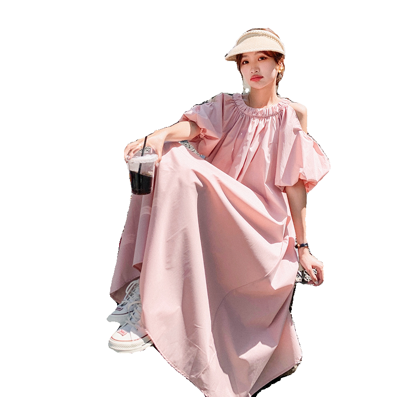 纯色甜美露肩连衣裙女夏季2025新款设计感法式宽松泡泡袖长款裙子,女装连衣裙,2C110