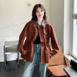 时尚设计感撞色拼皮翻领外套女秋季2025年新款收腰显瘦炸街夹克潮，女装短外套，2C177