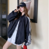 藏青色蕾丝拼接木耳花边外套女2025秋季休闲运动风立领夹克外套潮，女装短外套，2C259