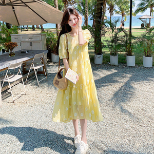 设计感黄色绣花连衣裙女2025新款夏季法式温柔风气质收腰初恋长裙图片