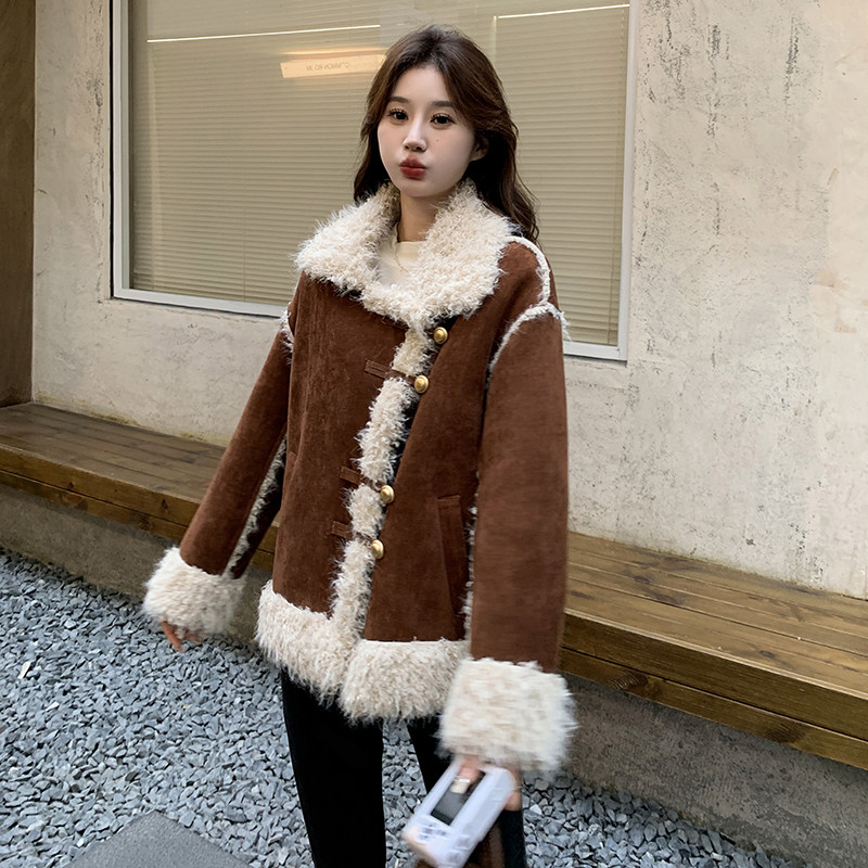 羊羔毛外套女毛茸茸皮毛一体咖色机车服冬季保暖棉服3098P195K298,女装棉衣/棉服,2C166