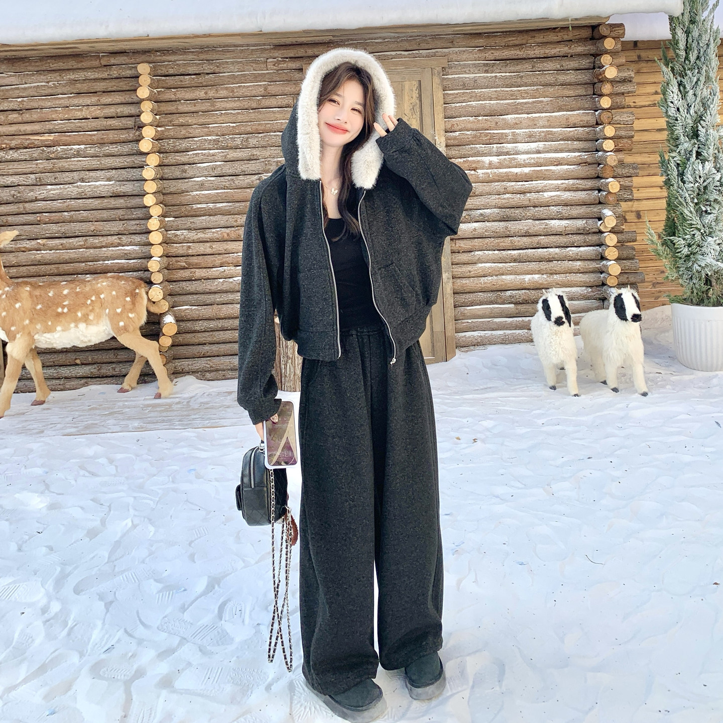 韩系慵懒风毛领连帽卫衣套装女冬季加绒加厚两件套休闲运动套装,女装套装/套裙,2C166