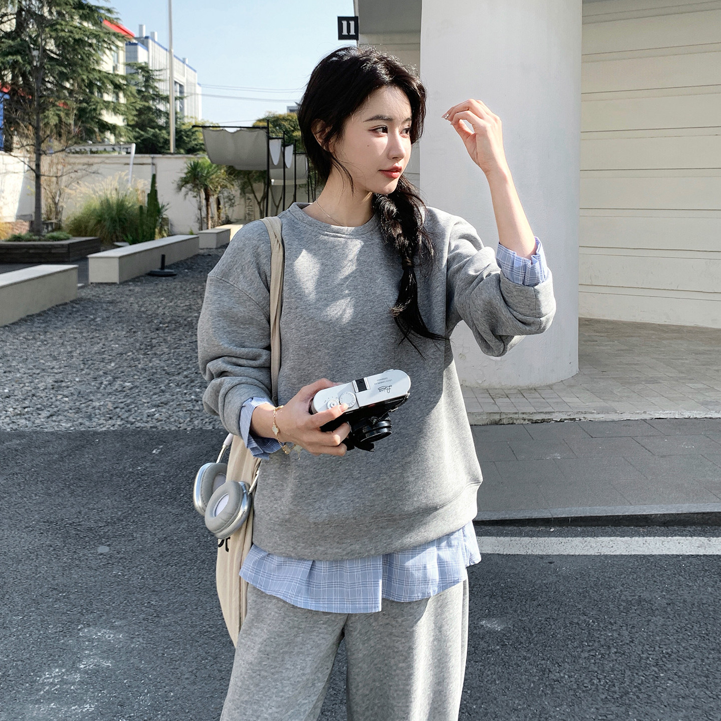 现货休闲风格纹拼接卫衣三件套女,女装套装/套裙,2B142