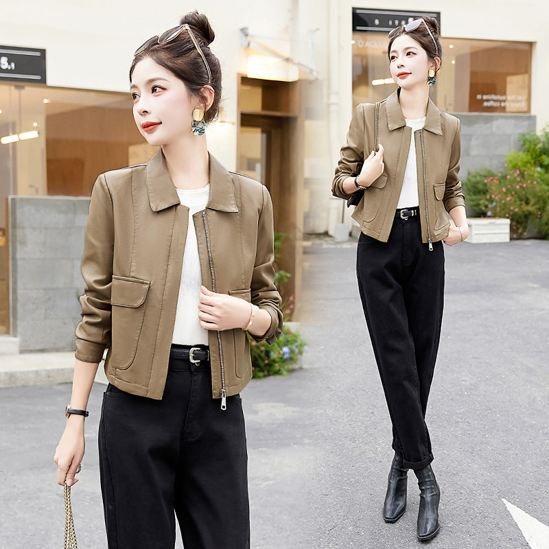 长袖短款皮衣外套女小个子韩版2026秋季新款修身皮夹克上衣洋气，女装皮衣，自然秀,女装皮衣,自然秀