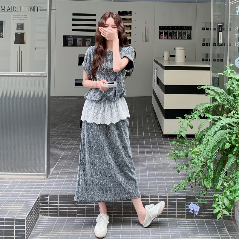 法式蕾丝拼接休闲上衣半身裙两件套女2025年夏季新款休闲显瘦套装,女装套装/套裙,2C275