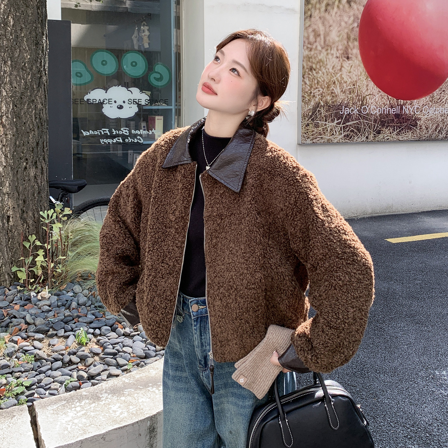 咖色美拉德时髦毛毛短外套女秋冬季2025年新款复古炸街羊羔毛夹克,女装皮草,2C092