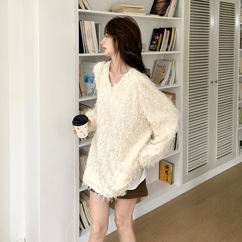 小香风闪闪亮片流苏设计感软糯上衣女气质时髦宽松内搭打底衫,女装蕾丝衫/雪纺衫,2C166