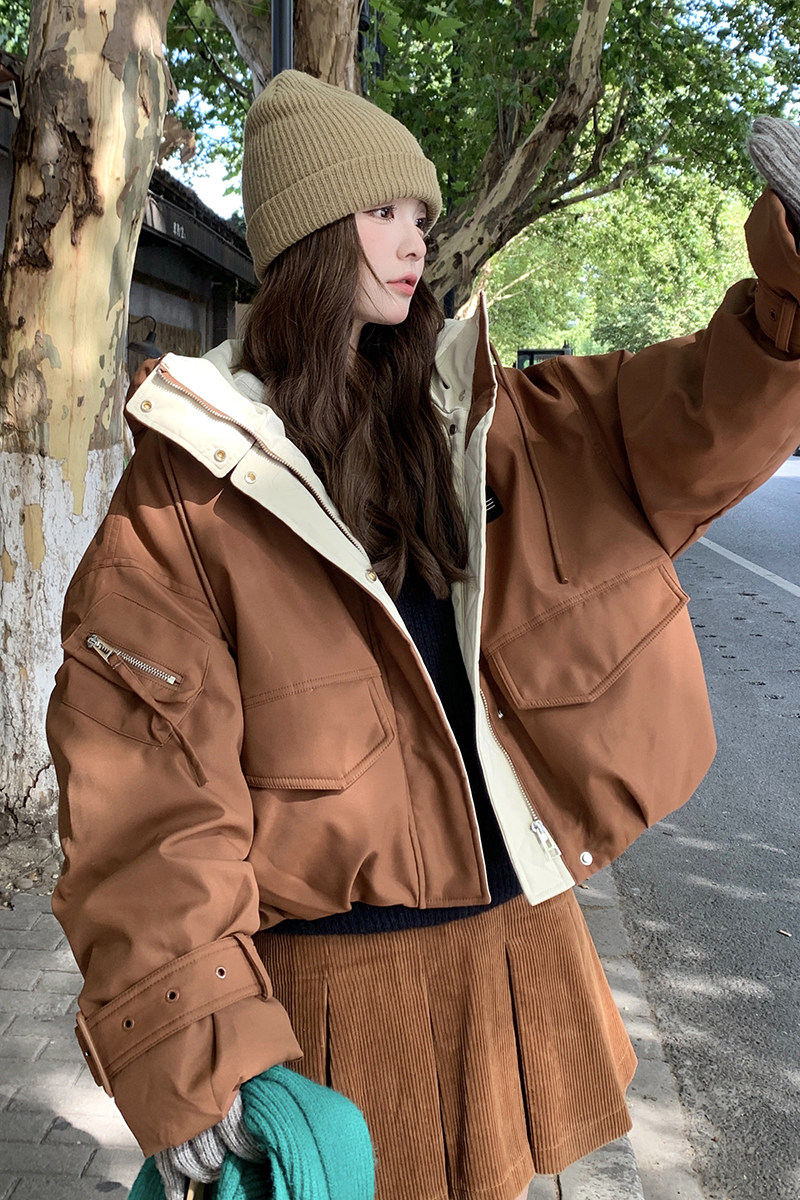 咖色工装羽绒棉服女短款2024冬季新款高级感小个子加厚棉衣棉袄潮,女装短外套,2C088