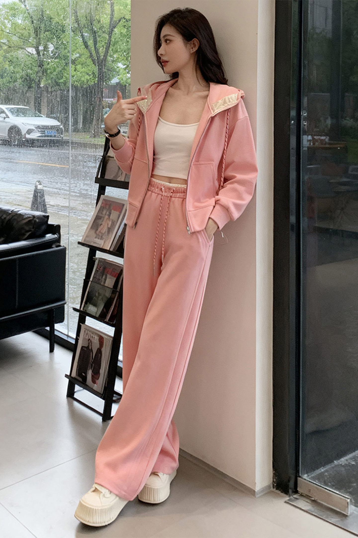 休闲运动套装女春季新款纯色拉链开衫卫衣抽绳阔腿长裤显瘦两件套,女装套装/套裙,2C310