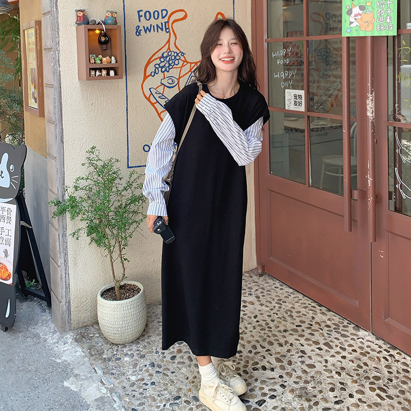 别致独特假两件黑色连衣裙女春秋2025新款慵懒风显瘦条纹拼接长裙,女装连衣裙,2C115