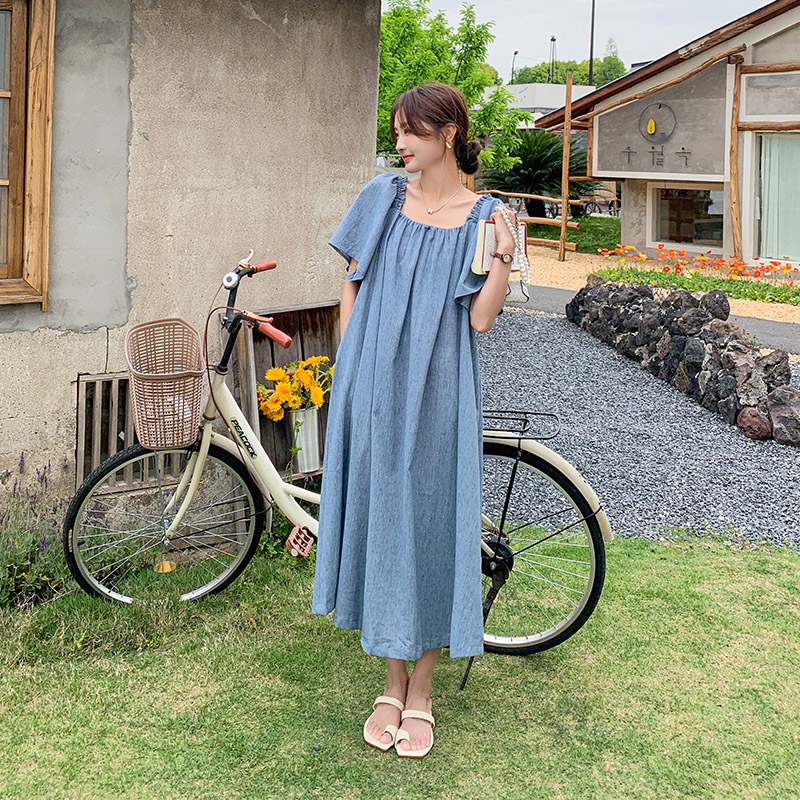 法式纯色甜美休闲连衣裙女夏季2025新款泡泡袖宽松茶歇长款A字裙,女装连衣裙,2C207