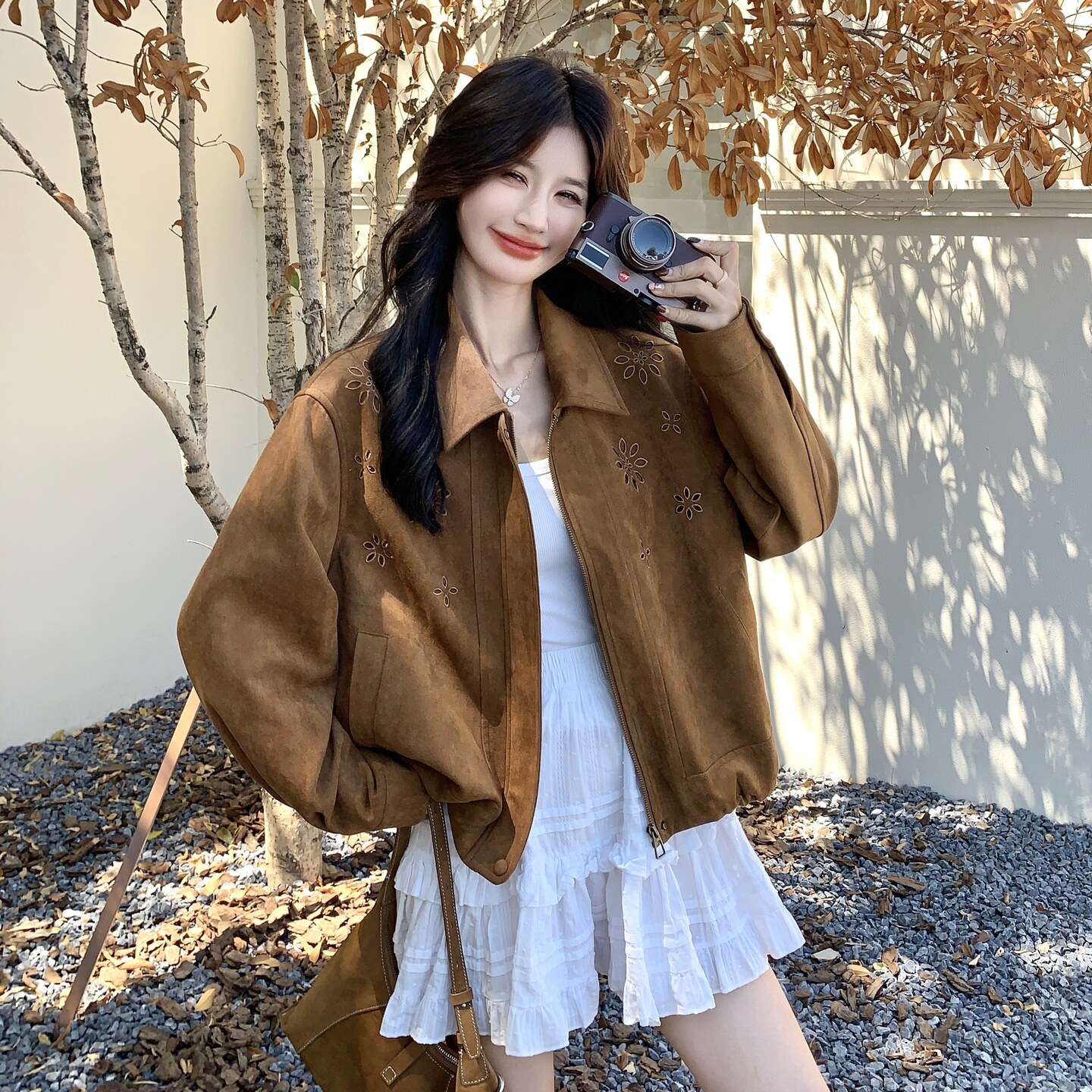 高级感美式刺绣休闲女春秋韩版百搭翻领宽松小个子夹克短外套潮,女装短外套,2C166