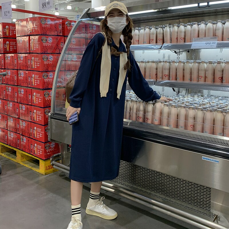 学院风长袖连衣裙春秋2025新款披肩外搭韩版宽松显瘦温柔衬衫长裙图片