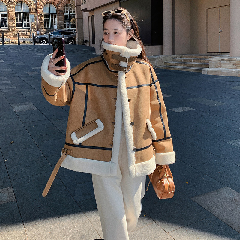 美式麂皮绒皮毛一体加绒外套女2025冬季新款咖色立领夹克机车服图片