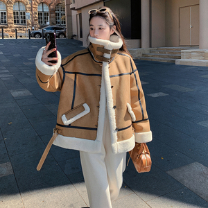 美式麂皮绒皮毛一体加绒外套女2025冬季新款咖色立领夹克机车服图片