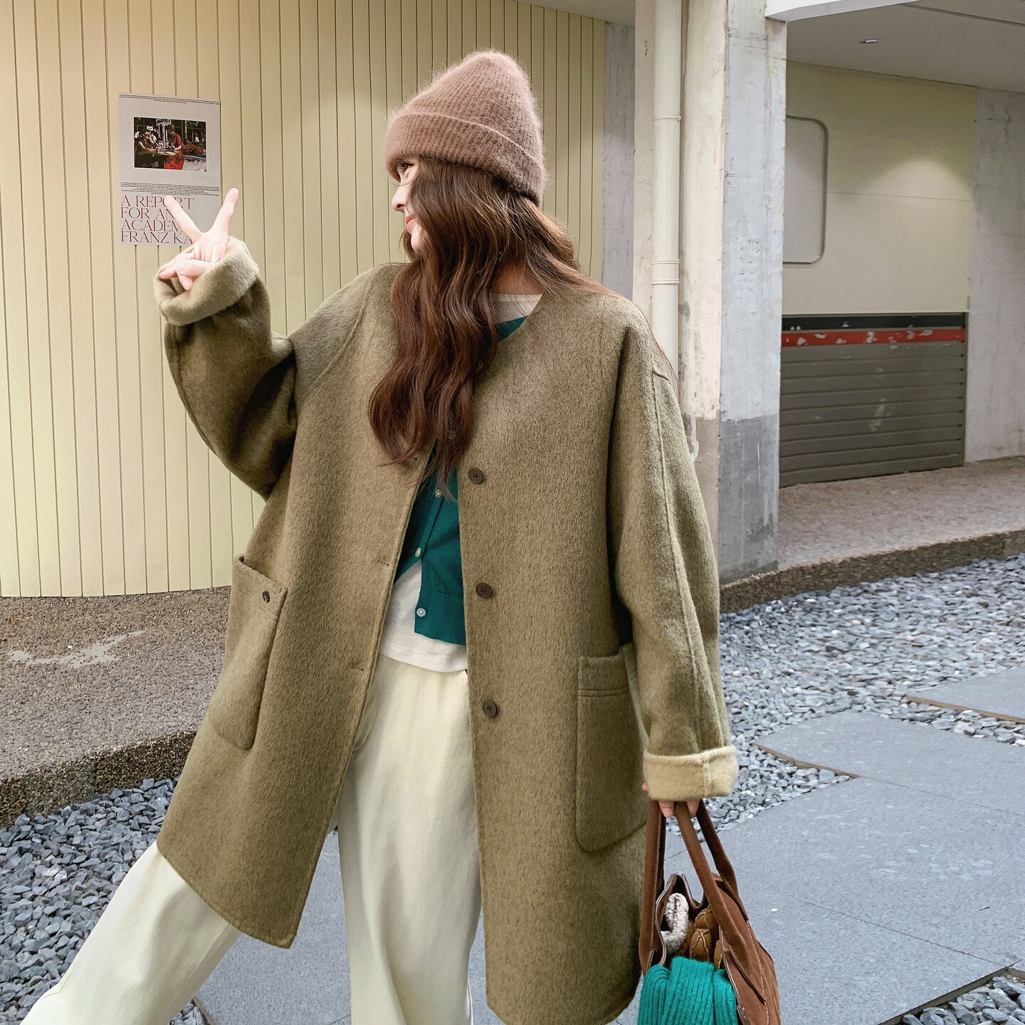 韩系学院风毛呢外套女2025冬季新款休闲宽松减龄保暖双面羊毛大衣图片