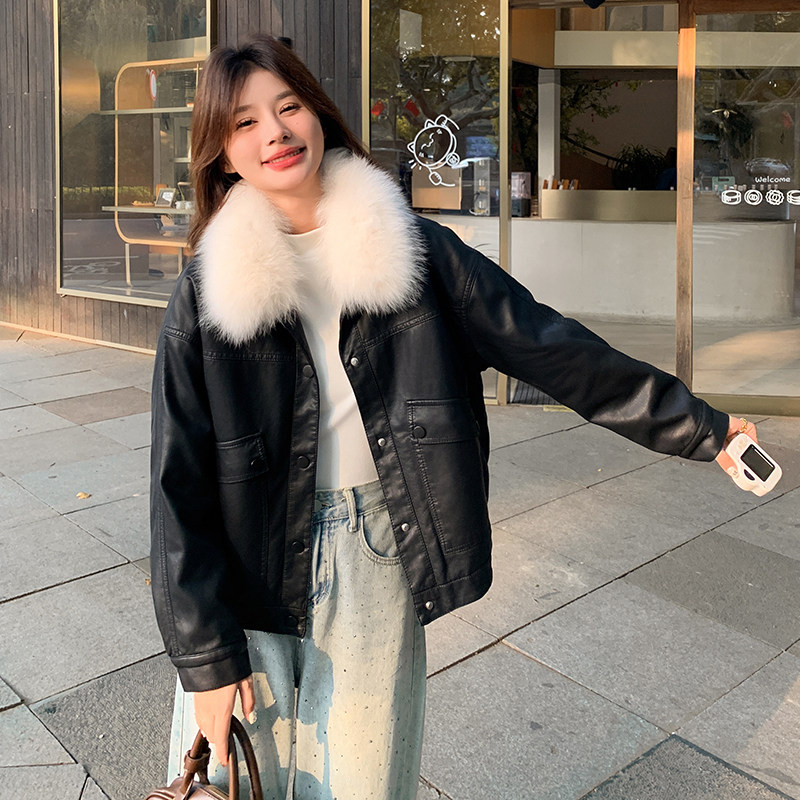 2025冬装新款加绒加厚皮棉外套真狐狸毛领2C233-8128-P240-K329,女装皮衣,2C233