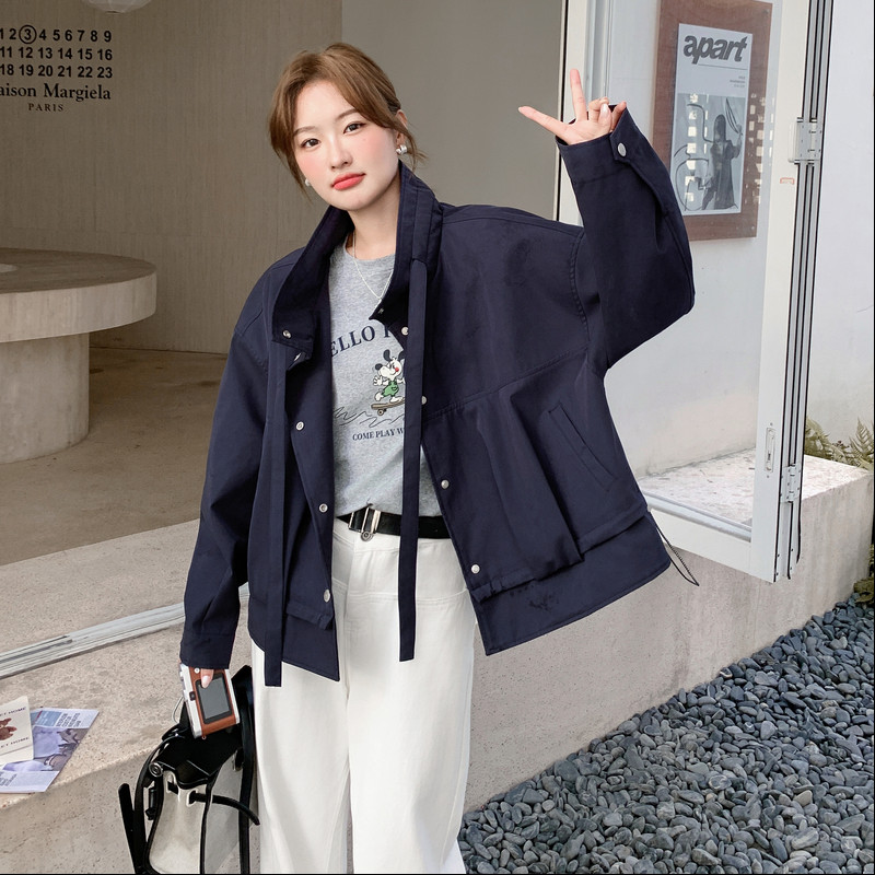 藏青色短款立领休闲外套女秋2025新款小个子宽松洋气百搭爆款上衣,女装短外套,2D008