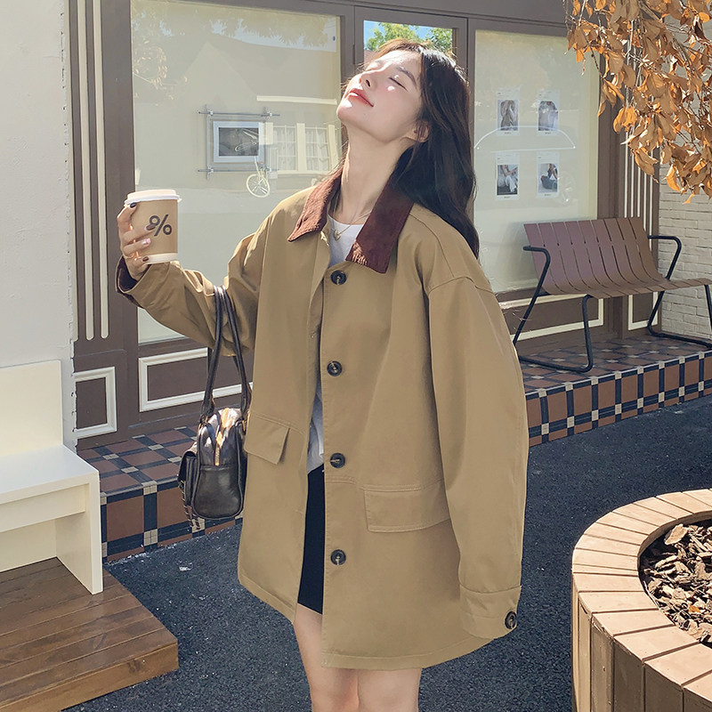 卡其色撞色拼接风衣外套女秋季2025新款英伦风时尚休闲chic大衣潮,女装风衣,2C122