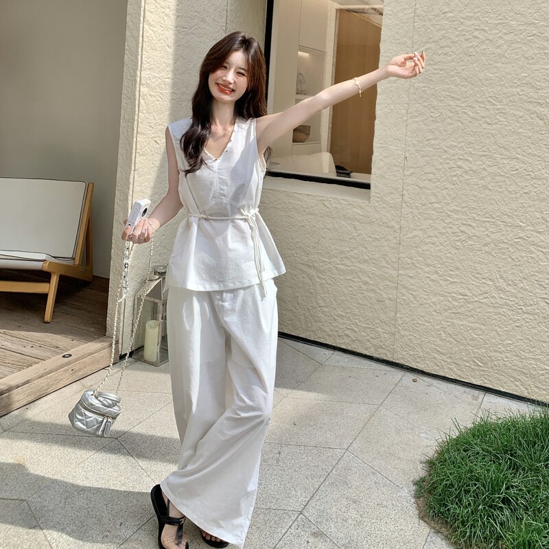 通勤风轻熟风套装阔腿裤复古高腰夏季女装时尚套装气质白色休闲,女装套装/套裙,2C215