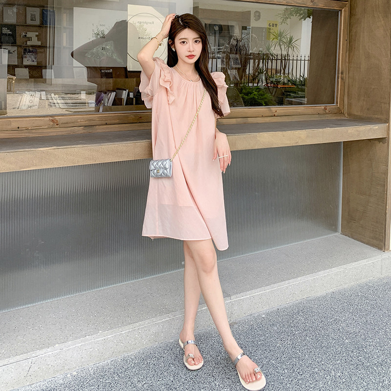 法式甜美减龄圆领飞飞袖连衣裙女2025夏季新款韩版宽松显瘦短裙子,女装连衣裙,2C222