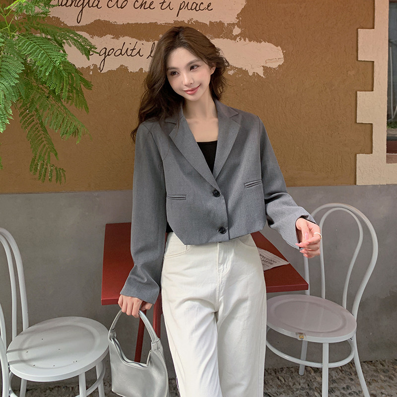 灰色单排扣西装春秋女2025新款小个子休闲百搭设计感短款小西服潮,女装短外套,2C057