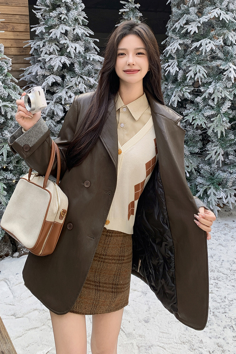 【】25冬季中长款PU皮绒西装式外套2C215-P255-K345,女装皮衣,2C215