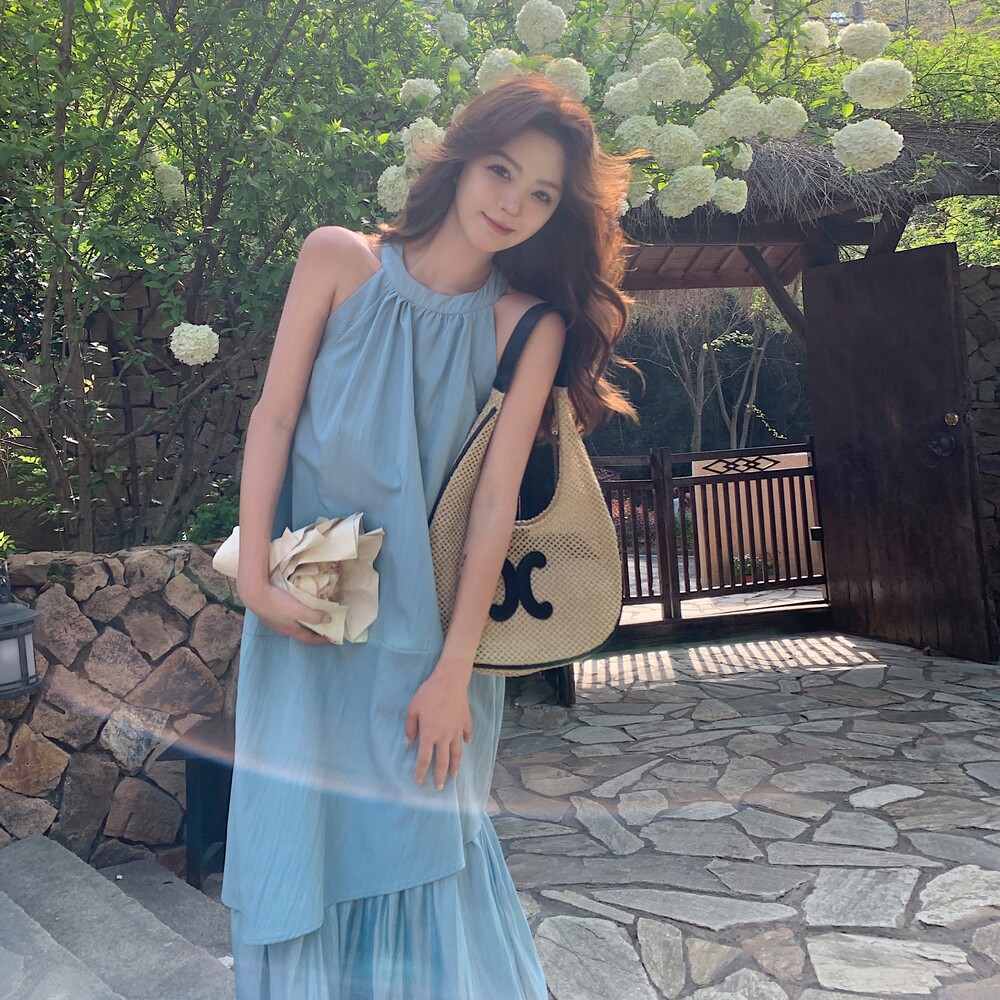 法式海边度假风蓝色连衣裙女2025夏季新款韩系无袖显瘦挂脖长裙子,女装连衣裙,衣珂纱朗