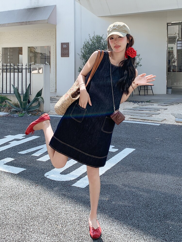 深蓝色简约休闲无袖连衣裙女2025夏季新款韩版宽松减龄牛仔背心裙,女装套装/套裙,2C159