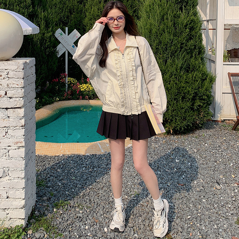 卡其色木耳边立领短款外套女秋季2025新款复古小个子休闲减龄夹克,女装短外套,2C159