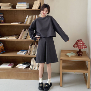 韩版休闲灰色短袖卫衣套装女2025夏季新款慵懒风显瘦半身裙两件套图片