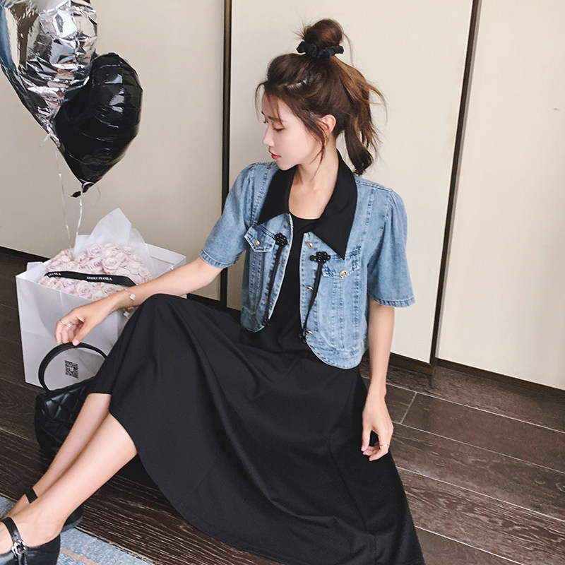 【原209】中古风盘扣短袖牛仔+黑裙套装9603-P145K198,女装套装/套裙,2C069