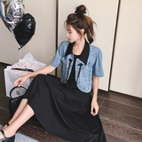 【原209】中古风盘扣短袖牛仔+黑裙套装9603-P145K198，女装套装/套裙，2C069