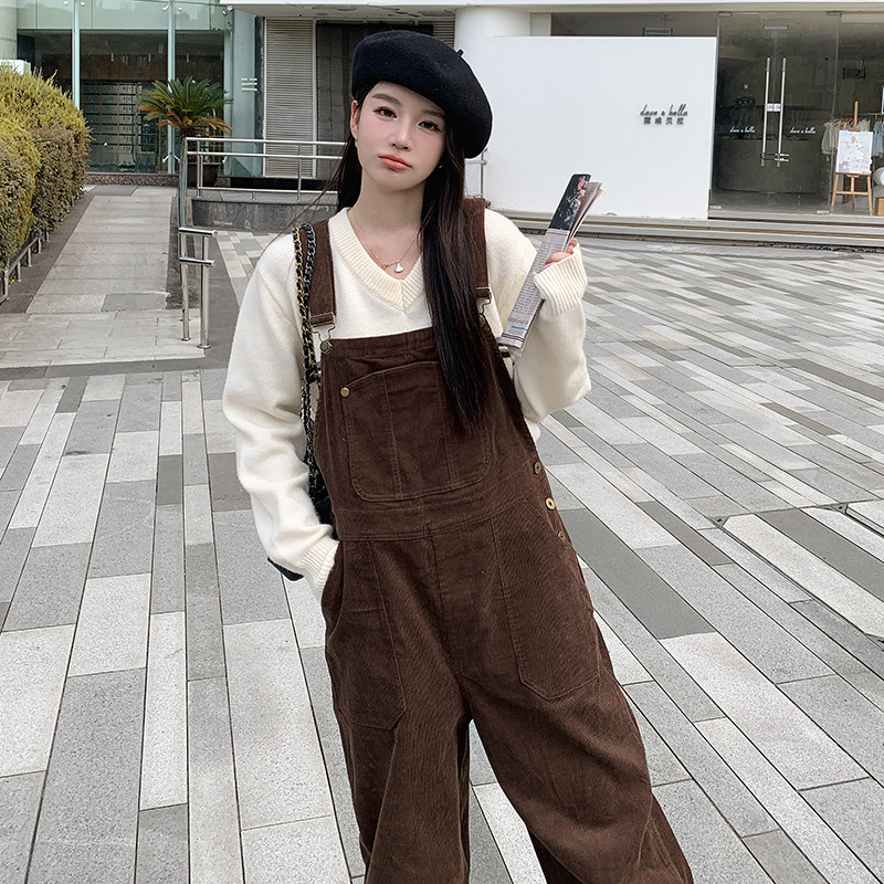 咖色灯芯绒背带裤春秋女2025新款学院风减龄休闲复古百搭阔腿长裤,女装连体裤,2C122