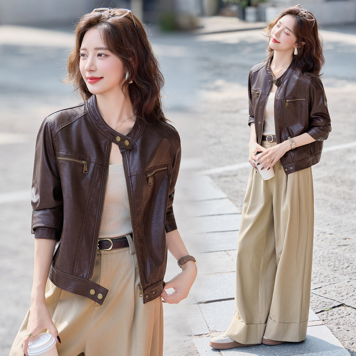 新品现货设计感皮衣外套女短款百搭皮夹克1C115-8111-P120-K228,女装皮衣,吾爱衣
