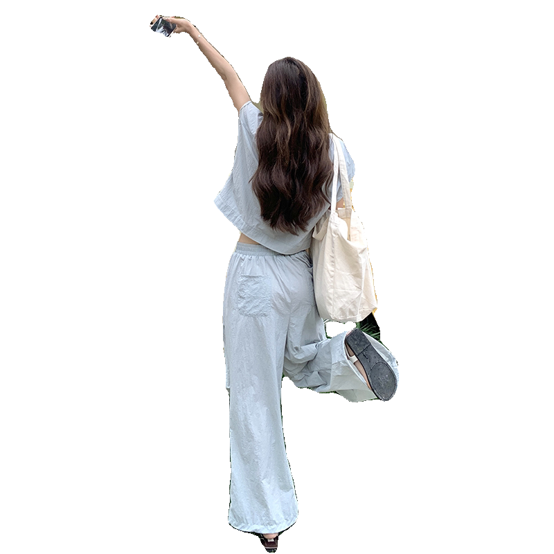 蓝色翻领短袖衬衫休闲裤套装女2025夏新款高级感显瘦阔腿裤两件套,女装套装/套裙,2C088