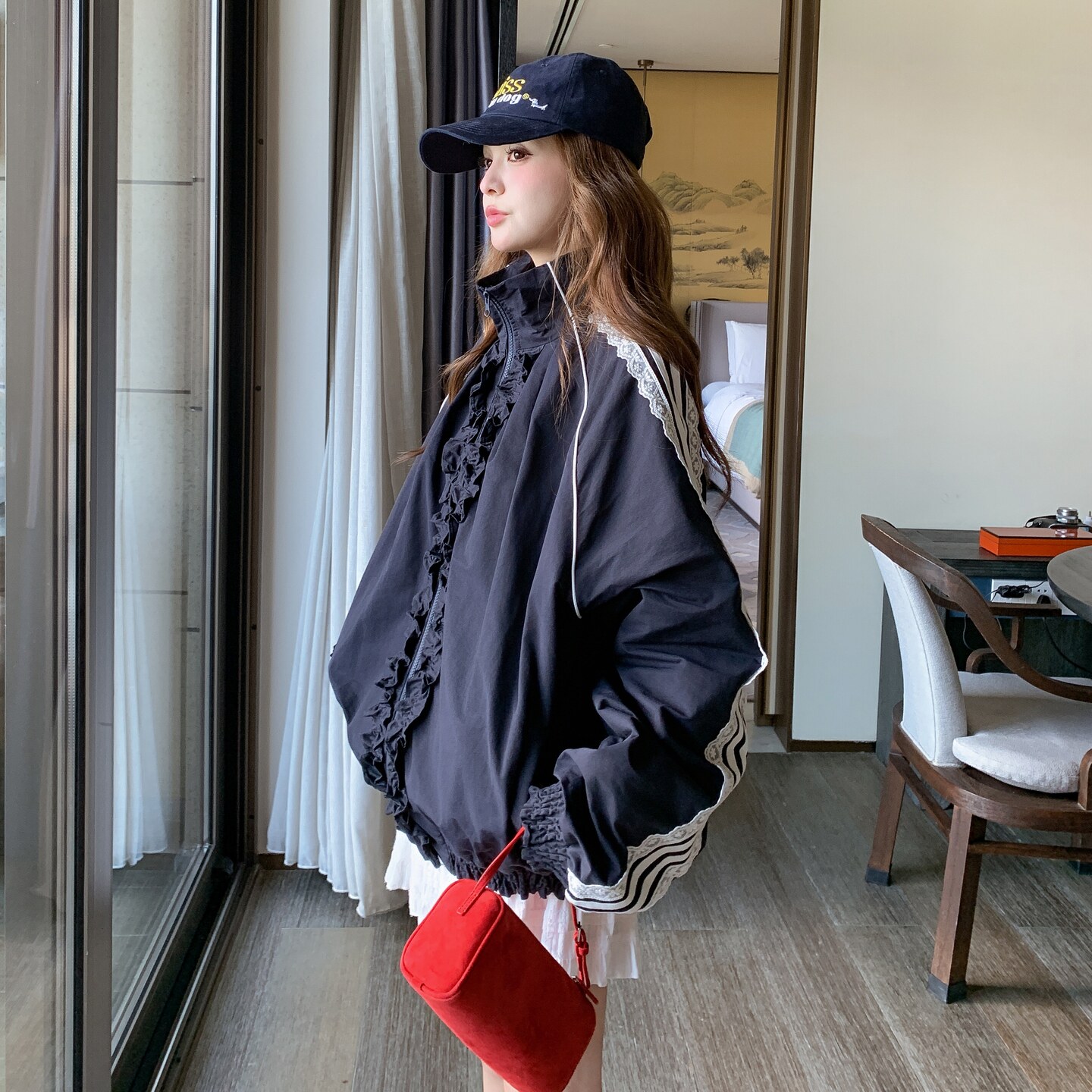 藏青色蕾丝拼接木耳花边外套女2025秋季休闲运动风立领夹克外套潮,女装短外套,2C259