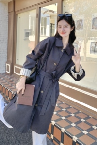 深灰色复古高级感气质风衣外套女2025秋韩系收腰显瘦格纹拼接大衣图片