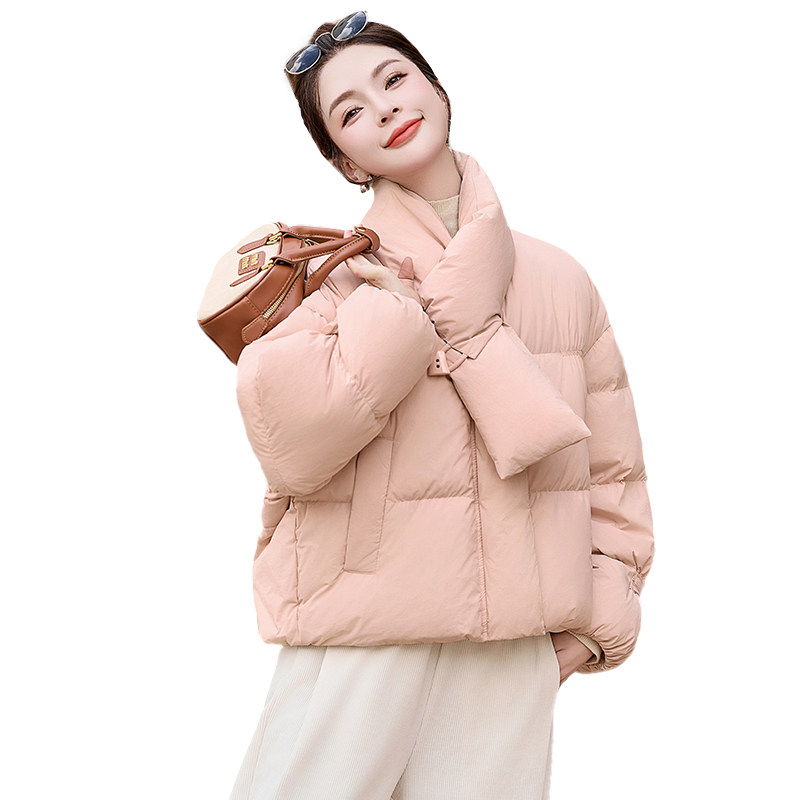 粉色围巾领短款羽绒服女2024冬季新款甜美减龄加厚保暖面包服外套,女装羽绒服,衣佳和